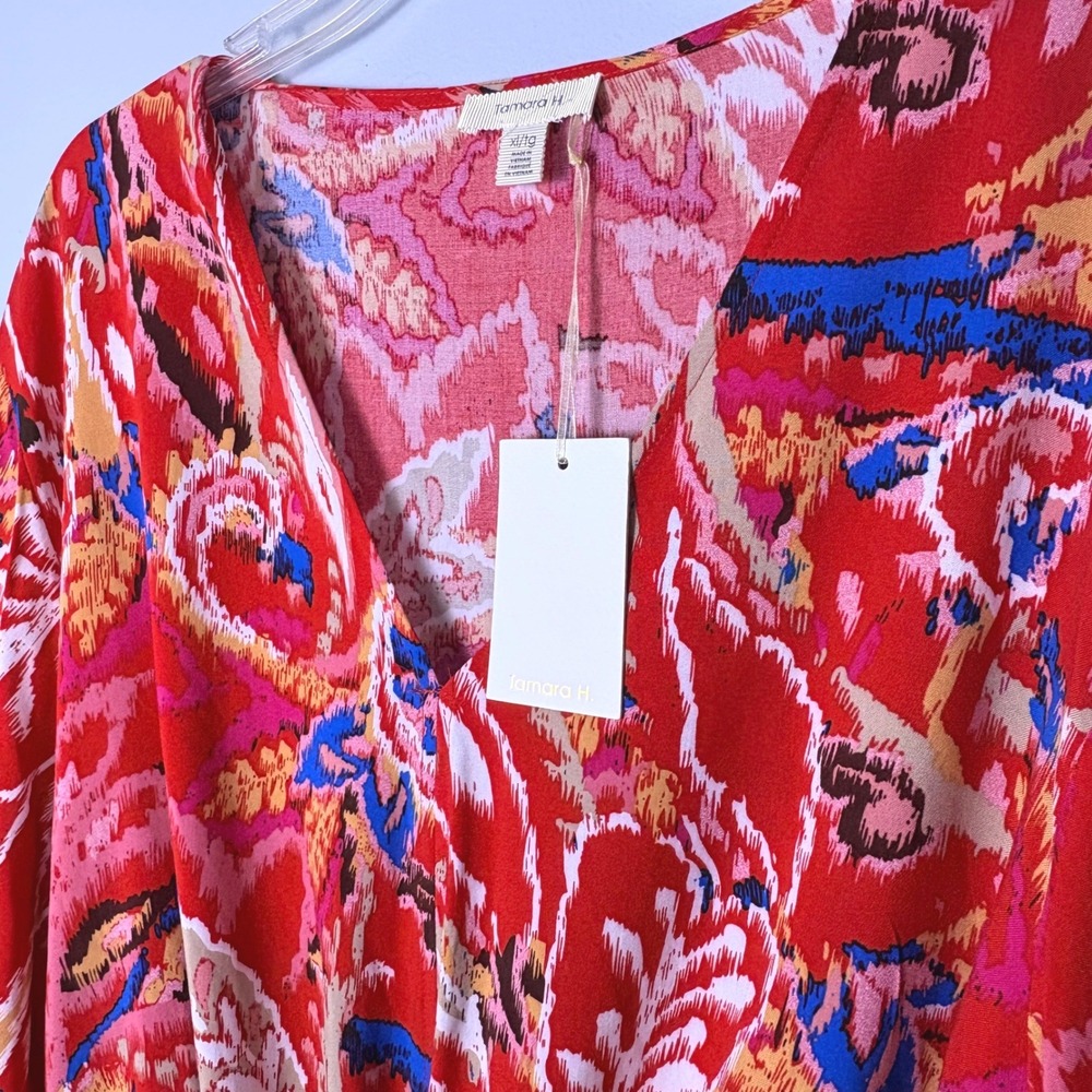 Tamara H Womens XL 100% Rayon Floral Tie Front Crop Top Red Pink Boho Blouse NWT